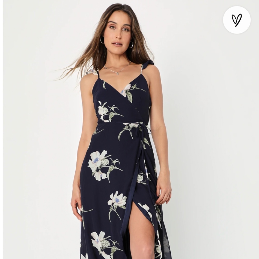 Lulu's All Mine Navy Blue Floral Print High-Low Wrap Dress